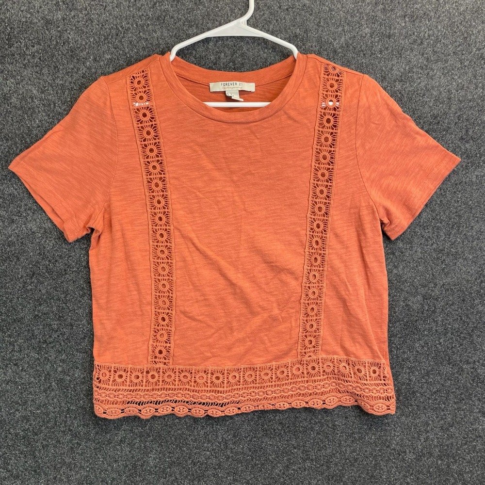 Forever 21 Contemporary Crochet Lace Trim T-Shirt Women's Large Orange